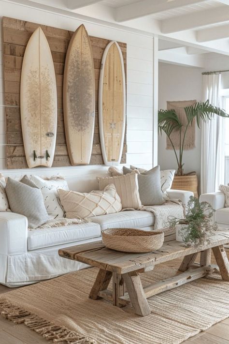 Surf Shack Style Home, Boho Modern Decor Living Rooms, Surfer Living Room Ideas, Home Beach Decor Ideas, Modern Beach Apartment Decor, Surf Style Interior Design, Modern Boho Beach House, Minimalistic Beach House, Minimalist Beach House Decor