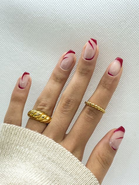 Red Line Nail Designs, Red Line Nail Art, Red Nails With Line Design, Red Minimalist Nail Art, Minimal Red Nail Art, Red Nail Minimalist, Red Lines Nail Art, Red Nails Line Design, Red Lines Nails