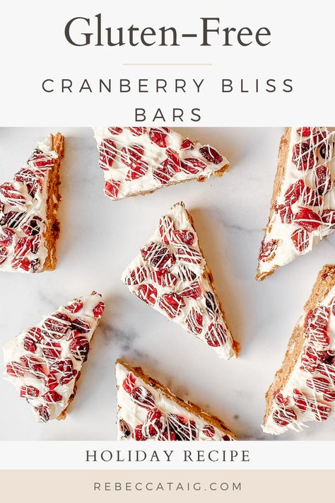 Gluten-Free Cranberry Bliss Bars – a homemade version of the popular Starbucks treat! Cranberry white chocolate blondies, with a zesty orange cream cheese frosting, topped with extra cranberries and white chocolate drizzle! Brownie Brittle Recipe, Cream Cheese Substitute, Orange Cream Cheese Frosting, Cranberry Bliss Bars Starbucks, Bliss Bars, Cranberry Bliss, White Chocolate Drizzle, Bliss Bar, Brownie Brittle