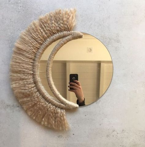 Nails Feminine, Room Bedroom Aesthetic, Wall Mirror Ideas, Mirror Decor Ideas, Decor Ideas For Living Room, Boho Mirror, Wall Plant Hanger, Graphic Shapes Design, Macrame Mirror