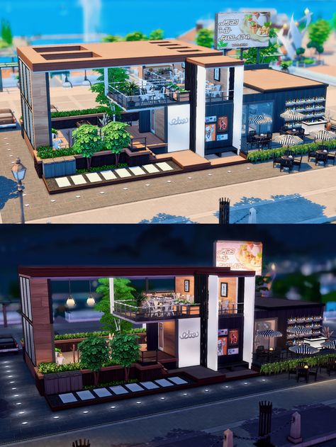 Restaurant Design Front View, Sims4 Restaurant Ideas, Restaurant Tycoon Ideas, Roblox Restaurant Tycoon 2 Design Ideas, Sims 4 Modern Restaurant, Restaraunt Tycoon 2 Ideas, Ts4 Restaurant Build, Sims 4 Cc Restaurant Lot, Sims 4 Brunch Restaurant