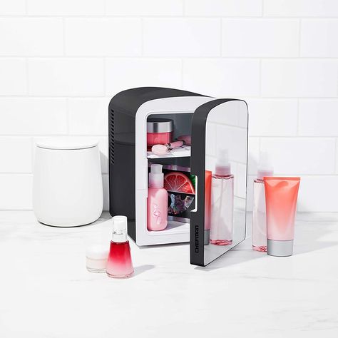 A Stylish Mini Fridge: Chefman Portable Mirrored Personal Fridge Easy Morning Routine, Mini Refrigerator, Portable Mirror, Portable Fridge, Skin Care Makeup, Desktop Design, Countertop Storage, Beauty Serums, Easy Morning