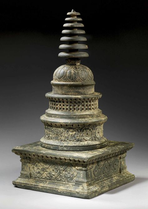 STUPA EN SCHISTE GRIS | REGION DU GANDHARA, IIEME-IIIEME SIECLE | Sculptures, Statues & Figures, schist | Christie's Buddhist Architecture, Buddhist Stupa, Asian Sculptures, Ancient Kingdom, Pink Background Images, Thai Art, Ancient India, Ancient Mysteries, Tibetan Buddhism