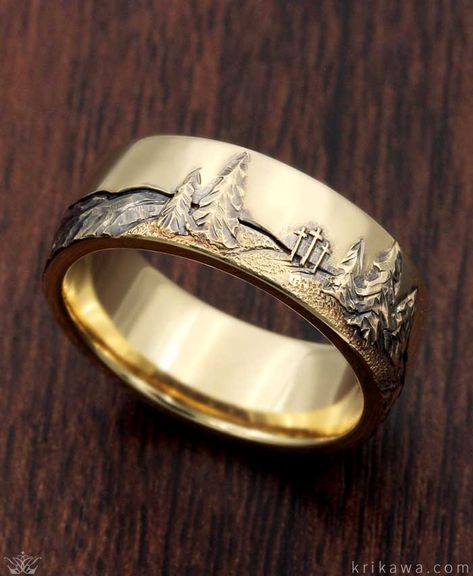 Mountain Wedding Band with a hand-carved mountain range! Choose your favorite mountain scene and we will hand-carve it into your wedding band! Bad Luck Spell, Mountain Wedding Band, Mountain Wedding Ring, Luck Spell, Cool Rings, Mountain Scene, Bad Luck, Rose Engagement Ring, 14k White Gold Ring