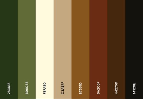 Color Swatches Earth Tones, Forest Green And Brown Color Palette, Forest Green Palette Color, Brown Green Beige Color Scheme, Browns And Green Color Palette, Green And Brown Palette Colour Schemes, Dark Green Rust Color Palette, Green And Maroon Color Palette, Dark Green Complementary Colors