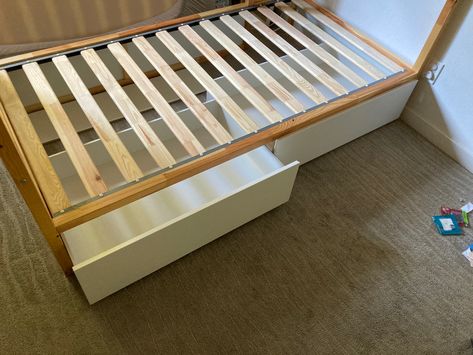 Ikea Kura bunk bed modified to fit the Malm underbed drawers Ikea Kura Bed Drawers, Ikea Kura Bed Hack Drawers, Kura Drawers, Kura Bed Rail, Kura Bed Storage Underneath, Sniglar Bed Hack, Kura Bed Slide, Släkt Bed Ikea Hack, Ikea Kura Floor Bed Hack