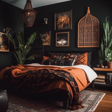 Create a stylish and functional small bedroom with these space-saving solutions! Tap to learn how to maximize your space without sacrificing style! Boho Bedroom Gold Accents, Earthy Bedroom Black Bed Frame, Moody Rooms Inspiration Cozy, Black And Orange Room, Black And Burnt Orange Bedroom, Black And Orange Bedroom, Small Dark Bedroom Ideas, Black And Copper Bedroom, Moody Bedroom Aesthetic