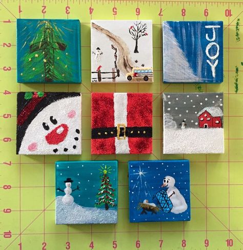 Christmas Small Painting Ideas, Mini Acrylic Christmas Paintings, Christmas Mini Canvas Ideas, Christmas Present Paintings On Canvas, Tiny Canvas Christmas Paintings, Mini Christmas Paintings Easy, Christmas Painting With Kids, Simple Christmas Canvas Painting Ideas, Small Canvas Art Christmas