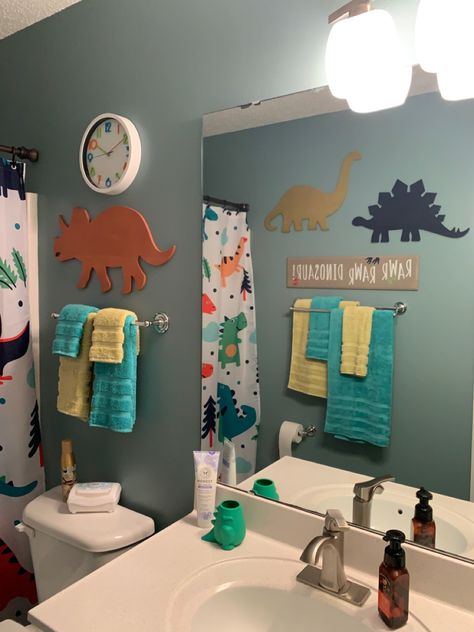 Dino, Dinosaurs, Kids Bathroom Dino Themed Bathroom, Diy Dinosaur Bathroom Decor, Dinosaur Theme Bathroom, Boy And Girl Bathroom Ideas For Kids, Dino Bathroom Decor, Small Kid Bathroom Ideas, Dino Bathroom Ideas, Dinosaur Themed Bathroom, Toddler Bathroom Ideas Boys