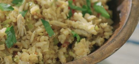 Crab Rice by Kardea Brown Crab Rice Recipe Southern, Crab Rice Recipe, Gullah Recipes, Spam Fried Rice Recipe, Rice Casseroles, Crab Rice, Spam Fried Rice, Kardea Brown, Southern Nights