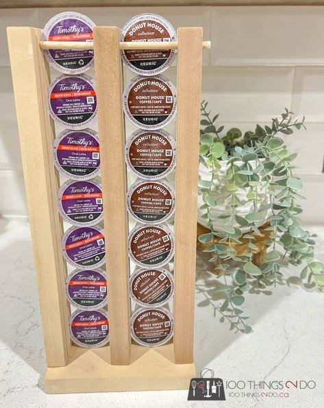 K Cup Holder Ideas, Diy K Cup Holder, K Cup Storage Ideas, Cup Storage Ideas, Cup Holder Ideas, K Cup Storage, K Cup Holders, Free Building Plans, Beverage Bar