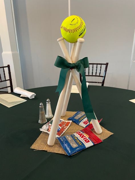 Softball Center Pieces Banquet Dugout Decorations Softball, Softball Party Centerpiece, Softball Banquet Decorations, Softball Table Decorations, Softball Table Centerpieces, Softball Birthday Party Decorations, Softball Centerpieces Banquet, Softball Senior Night Table Ideas, Softball Graduation Party Ideas