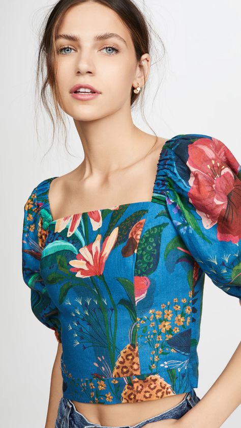 Crop Tops Online, Farm Rio, China Fashion, Blouse Designs, Crop Tops Women, Designer Dresses, Blue Green, Outfit Inspirations, Color Blue