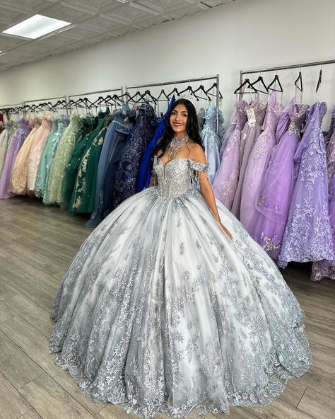 ✨New in store✨ Comes with detachable train and necklace. Glow in the dark effect. Also available to order in Lavender/ Champagne . . . . . . #misquinceaños #misquince #mis15años #quinceañera #princesabymoncheri Gray Quinceanera Dresses, Silver Quince Dresses, Grey Quinceanera Dresses, Silver Quinceanera Dresses, Ball Gowns For Teens, Sparkly Ball Gown, Aliexpress Dresses, Quince Stuff, Ball Gown Quinceanera Dresses