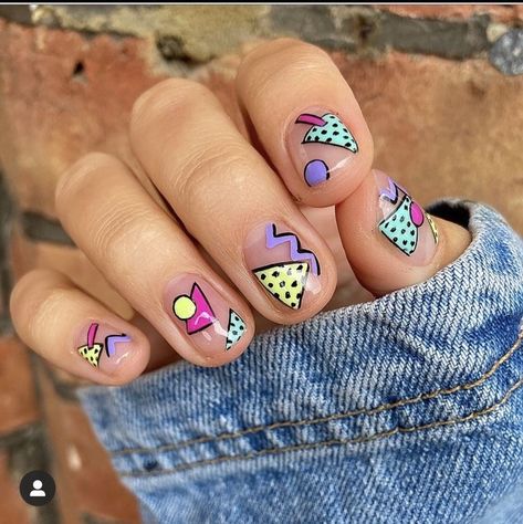 Saved By The Bell Nails, 90s Nail Designs Short Nails, 80s Style Nails, 80’s Nails, 80s Inspired Nails, 1980s Nails, 80s Nail Designs, 90s Inspired Nails, 80s Nails