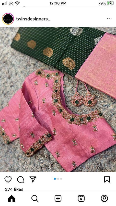 Yuthika Designer Studio, Rose Flower Maggam Work Designs, Maggam Net Work Blouse Designs, Peach Colour Blouse Aari Work, Three Fourth Sleeve Blouse Designs, Pot Neck Maggam Work Designs, Latest Work Blouse Designs, V Neck Work Blouse, Simple Maggam Work Blouses Latest