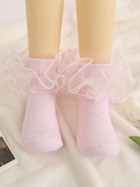 Pink  Collar  Lace   Embellished Slight Stretch  Kids Accessories Elegant Socks, Lace Ankle Socks, Vogue Kids, Frilly Socks, Pink Tights, Ruffled Socks, Honey Face, Cute Outfits With Jeans, Teen Dress