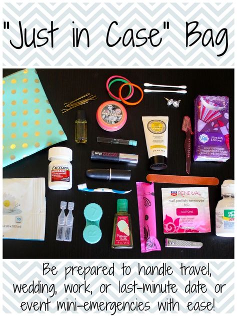 The "Just in Case" Bag aka your new best friend. Handle all of life's mini-emergencies with ease! Just In Case Bag, Diy Bag Handles, Friend Presents, Mini Emergency Kit, Sister Quote, Nail Polish Remover Pads, Secret Sister, Cheer Ideas, Emergency Preparedness Kit