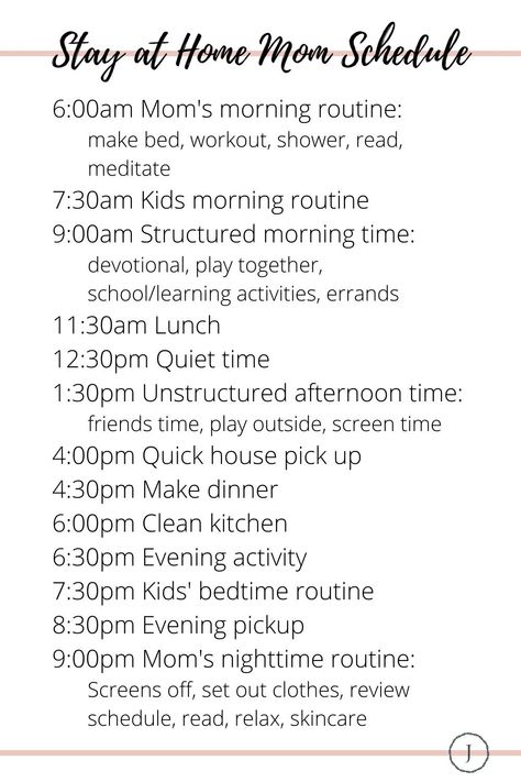 Mom life can be overwhelming. Learn how to create a stay at home mom schedule that can bring a bit of order and peace to your days. It all starts with a morning routine and an evening routine. Check out this post to see what things you need to consider to help you make the best stay at home mom schedule for you!   #stayathomemom #SAHM #momlife How To Schedule Your Life, Sahm Self Care Routine, Sample Stay At Home Mom Schedule, Stay At Home Mom Organization, Cleaning Routine For Stay At Home Moms, Healthy Mom Routine, Weekly Sahm Schedule, Stay At Home Mom Schedule Toddler, Daily Schedule For Stay At Home Moms