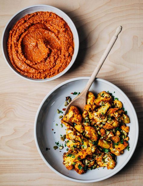 Romesco-Roasted Cauliflower with Toasted Pepitas - Brooklyn Supper Romesco Chickpeas, Spanish Picnic, Toasted Pepitas, Romanesco Cauliflower, Canning Whole Tomatoes, Toasted Pumpkin Seeds, Roasted Peppers, Roasted Red Peppers, Roasted Cauliflower