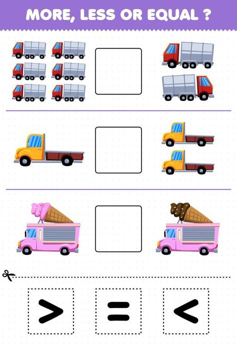 Education game for children more less or equal count the amount of cartoon truck transportation then cut and glue cut the correct sign Cartoon Truck, Number Worksheets Kindergarten, People Who Help Us, French Worksheets, Cut And Glue, Game For Children, Number Worksheets, More And Less, Logical Thinking