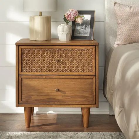 Lifestorey Maxwell 2-Drawer Nightstand with Natural Cane - On Sale - Bed Bath & Beyond - 40124713 Cane Bedroom Furniture Ideas, Set Of 2 Nightstands, Mango Wood Nightstand, Mid Century Modern Bedroom Nightstands, Cane Nightstand Bedroom, Medium Wood Bedroom Furniture, Cottage Core Nightstand, His And Hers Nightstand Styling, Boho Bedroom Furniture Ideas