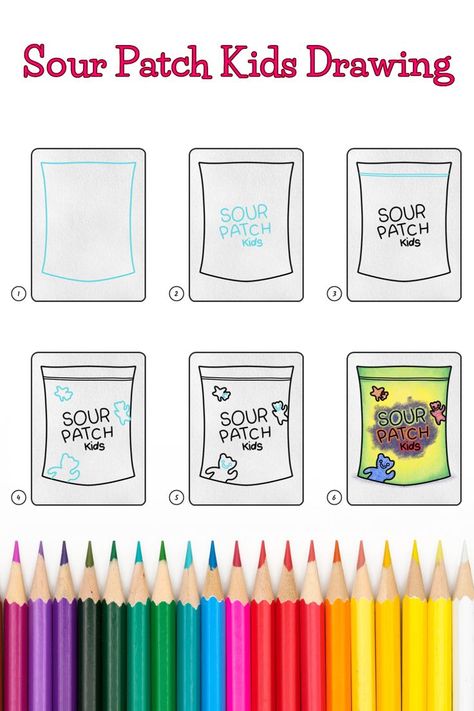 6 drawings demonstrating how to draw  sour patch kids drawing for kids. Sour Patch Drawing, Sour Patch Kids Drawing, Lays Logo, Draw Food, Candy Drawing, Full Drawing, Diy Kids Games, Drawing Lessons For Kids, Drawing Lesson