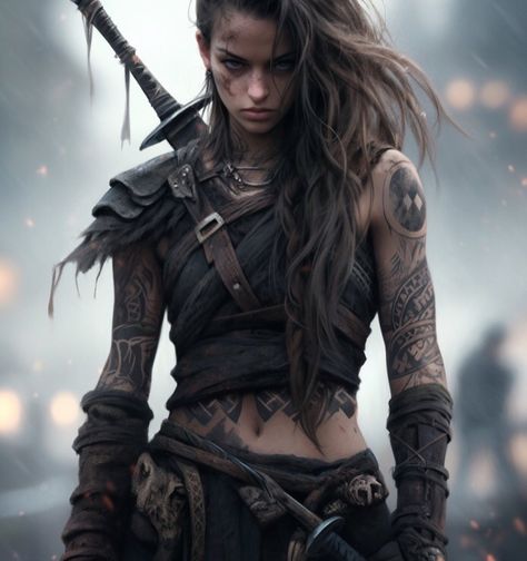 Viking Costume Female Warrior Women, Women Warrior Aesthetic, Warrior Queen Makeup, Female Viking Names Warrior Women, Viking Warrior Woman Costumes, Warrior Woman Cosplay, Norse Female Warrior, Barbarian Woman Costume, Warrior Women Tattoo