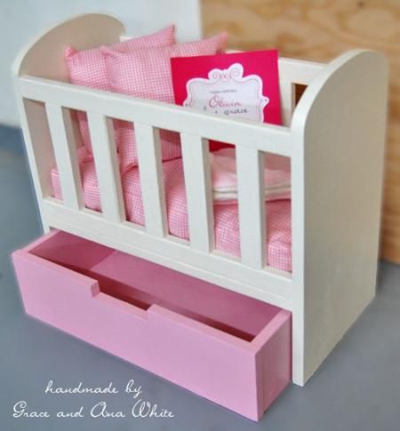 14 DIY Tutorials for Doll Accessories | Ashley Hackshaw / Lil Blue Boo Diy Doll Bed Wood, Baby Cribs Furniture, Cradle Woodworking Plans, Baby Doll Crib, Child Bed, Crib Design, Baby Doll Bed, Diy Crib, Doll Cradle