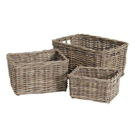 Grey Rectangle Wicker Storage Baskets (Set of 3)-Duck Barn Interiors Baskets Under Bench, Rectangular Baskets, Furniture Boutique, Seagrass Basket, Wicker Baskets Storage, Home Organisation, Stylish Storage Solutions, Rattan Basket, Stylish Storage