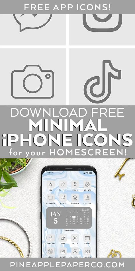 FREE Minimal Aesthetic App Logos & Icons for your iPhone! Download all 20 logos PLUS a FREE marble background at Pineapple Paper Co. #iphoneaesthetic #minimalaesthetic #minimal #ioshomescreen #appicons #applogos #freeiphonedownload