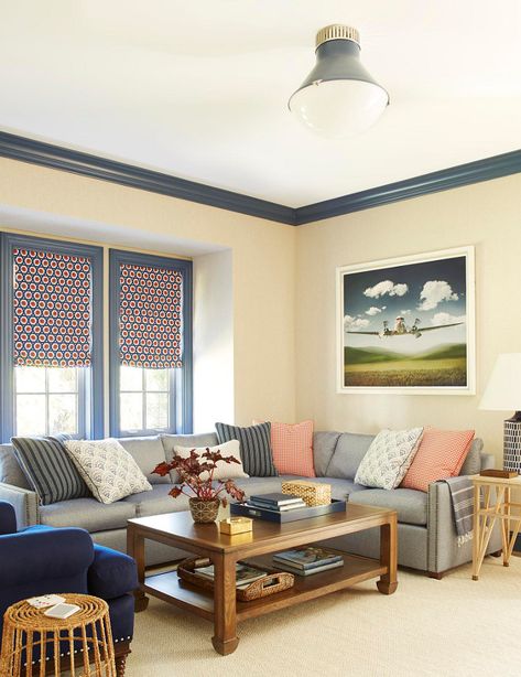 Navy Blue Trim Paint Color Benjamin Moore 840 Kensington Blue Navy Trim Paint Color Benjamin Moore 840 Kensington Blue #TrimPaintColor #BenjaminMoore840KensingtonBlue Blue Trim Interior, Andrew Howard, Blue Family Rooms, Family Room Ideas, House Of Turquoise, Mosaic House, Luxe Interiors, White Rooms, Blue Trim