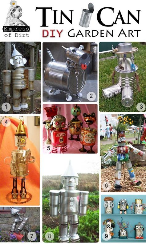 Tin Can Diy, Tin Can Man, Tin Can Art, Aluminum Can Crafts, Tin Can Crafts, Outdoor Crafts, Tin Man, Tin Art, Diy Yard