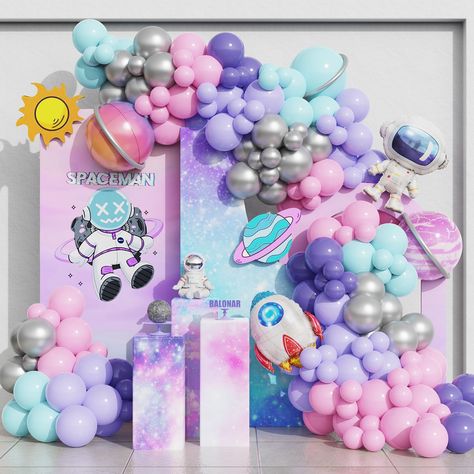 PRICES MAY VARY. [Outer Space Party Decorations] Unlike the Space themed balloon garland arch kit with classic color scheme, we chose pink and purple as the main color. We hope that girls who like outer space can also find their favorite balloon garland. [Value Pack] This astronaut balloon garland contains 3sizes of latex balloons in pink, light purple. purple, lake blue and metallic silver for a total of 146pcs, 2pcs round balloon in 22'', 1pc astronaut foil balloon, 1pc rocket foil balloon, 4p Outer Space Party Decorations, Space Party Decorations, Rocket Party, Outer Space Party, Outdoors Birthday Party, Outer Space Birthday, Space Birthday Party, Purple Balloons, Garland Arch