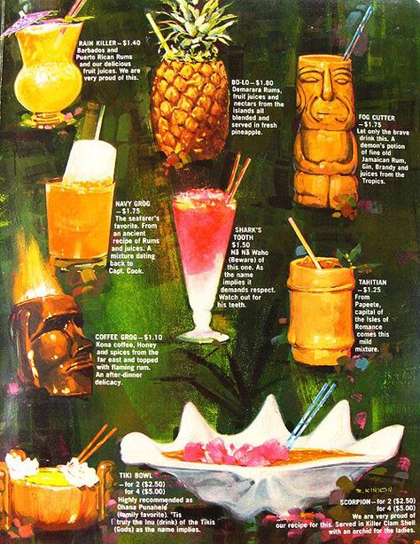 Hawaiian cocktail menu 1950's, 1960's Bar Cocktails, Tiki Bar Decor, Tiki Cocktails, Tiki Drinks, Vintage Tiki, Rum Drinks, Tiki Party, Tropical Drink, Cocktail Menu