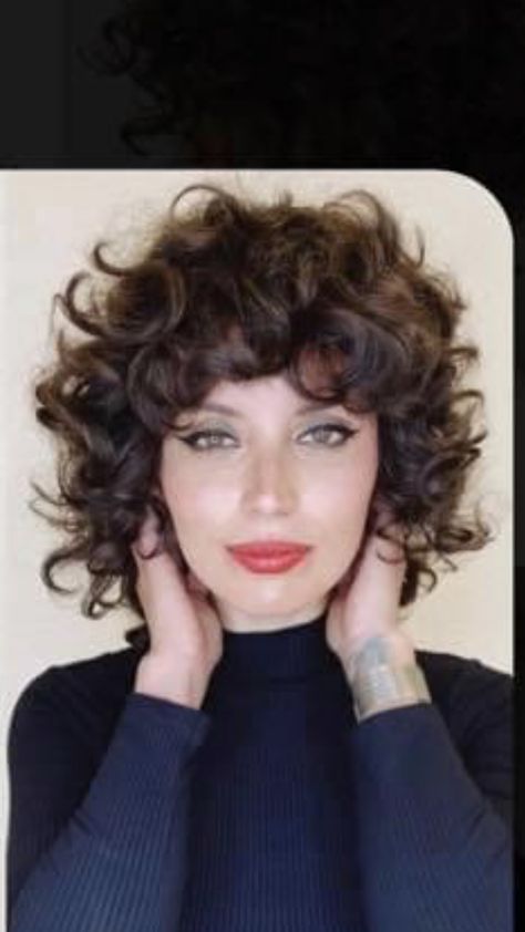 Curly Bob Shag, Curly Bob Short Bangs, Curly Bob With Micro Bangs, 70s Shag Haircut Short Curly, Funky Curly Hair, Curly Bixie Shag, Mid Length Curly Hairstyles, Long Curly Haircuts, Curly Pixie Haircuts