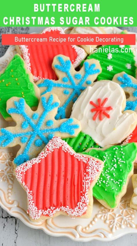 Decorate sugar cookies with delicious Buttercream! Easy Crusting Buttercream recipe for cookie decorating. Crusting Buttercream Recipe For Cookies, Buttercream Frosted Christmas Cookies, Decorate Cookies With Buttercream, Christmas Buttercream, Crusting Buttercream Recipe, Crusting Buttercream, Christmas Cookie Frosting, Buttercream Cookies, Christmas Bakes