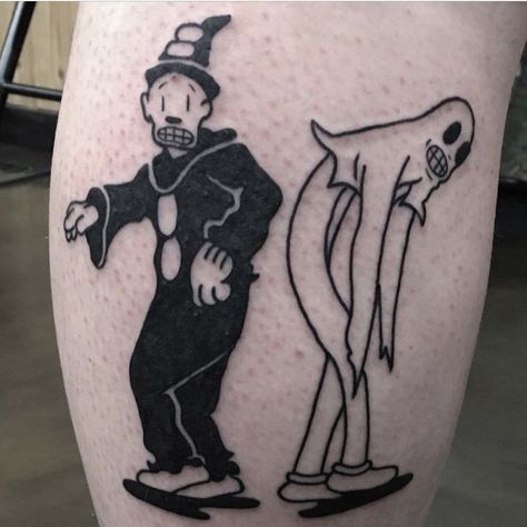 Rubber Hose Style Art Tattoo, Goofy Matching Tattoos, Simple Horror Movie Tattoos, Rubber Hose Tattoo, Matching Cartoon Tattoos, Koko The Clown Tattoo, Betty Boop Clown, Bb Tattoo, Koko The Clown