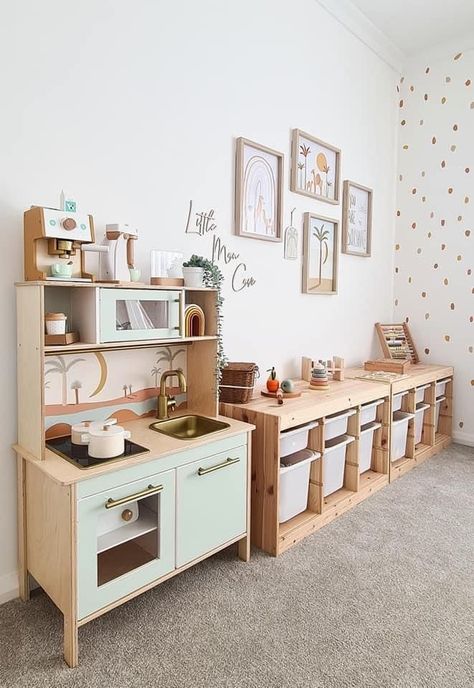 Kids Ikea Hack Playrooms, Playroom Ideas Ikea Trofast, Natural Wood Playroom, Living Room Montessori Corner, Toddler Rooms Ikea, Tiny Play Area, Baby Daycare Room Decor, Girls Montessori Bedroom, Toddler Playroom Ideas Girl