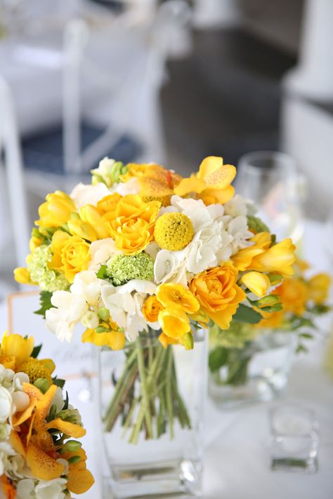 Bright Yellow Wedding, Yellow Centerpieces, Yellow Wedding Inspiration, Yellow Wedding Theme, Wedding Color Pallet, Wedding Hall Decorations, Bee Baby Shower Theme, Sandy Shores, Yellow Wedding