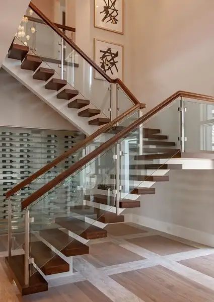 Stainless Steel And Glass Stair Railing, Glass Staircase Railing Stainless Steel, Staircase Design Glass Railings, Stainless Steel Staircase Design, Glass Stairs Design Modern, Modern Stair Railing Stainless Steel, Stairs Glass Railing Design, Glass For Stairs, Railing Design Stairs