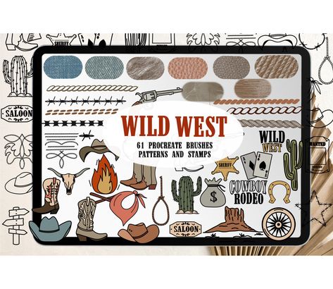 Procreate Brushes and Stamps Wild West Cowboy Western | Rope Boot Stitch Barbed Wire Brush Pattern Texture Procreate Template Bundle Texture Procreate, Brush Pattern, Wild West Cowboys, Procreate Stamps, Procreate App, Barbed Wire, Easter Design, Procreate Brushes, Pattern Texture