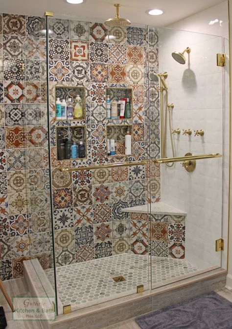 Patterned Tiles Shower Wall, Bright Tiled Bathroom, Patterned Tile Shower Walls, Morocco Bathroom Design, Small Spanish Style Bathroom, Mediterranean Shower Tile, Tiled Bedroom Wall, Textured Bathroom Tiles, Marrakesh Bathroom