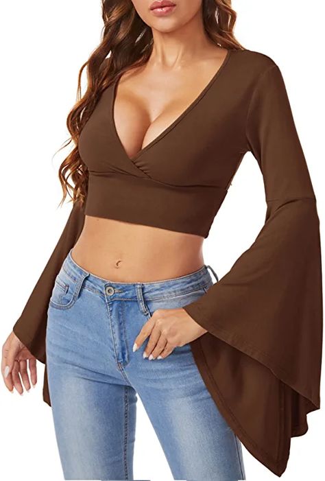 Brown Bell Sleeve Top, Low Cut Bra, Low Cut Shirt, Weather Wear, Shirts Black, Wrap Blouse, Amazon Finds, Amazon Women, 70s Fashion