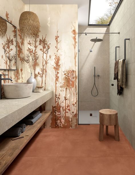 Botanical Bathroom Ideas, Burnt Orange Bathroom, Glamorous Kitchen, Botanical Bathroom, Glamorous Living, Warm Color Palette, Industrial Style Bathroom, Orange Bathrooms, Mix & Match