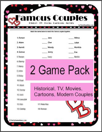 Printable Famous Couples game for Valentine's Day and Bridal & Wedding Showers Famous Couples Game, Couples Trivia, Valentines Day Games, Valentine Party Game, Valentine's Day Party Games, Valentine Bingo, History Games, Valentines Games, Girls Night Party