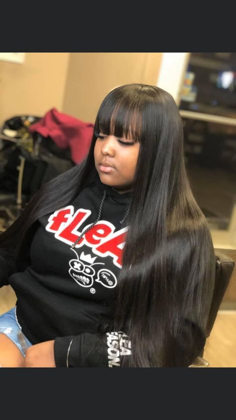 Full Sew In With Bangs No Leave Out, China Bangs Hairstyles Black Women, Bang Wrap Black Women, Chinese Bang Hairstyles Black Women, Bangstyle Hair Long Black Women, Chinese Bang Quick Weave, Quickweave With Bangs, Chinese Bangs Black Women, China Bangs