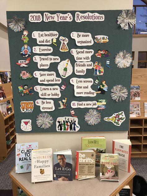 2018 New Year's Resolutions New Year Book Display, New Years Library Display, January Library Displays, January Books, School Library Displays, High School Library, Library Inspiration, New Year Decor, Library Decor