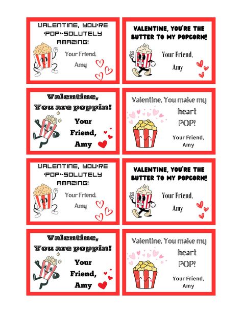 Valentine Popcorn Bar, Valentine Popcorn Treats, Poppin Valentine Printable, Valentines Popcorn, Popcorn Puns Valentines Day, Popcorn Valentine, Amy Valentine, Popcorn Theme, Valentine Bulletin Boards