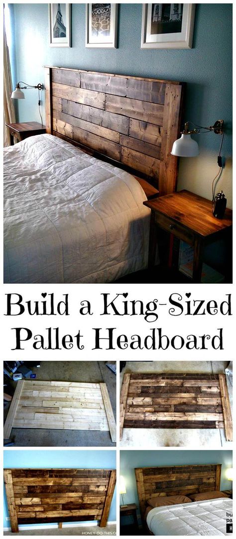 150 Best DIY Pallet Projects & Pallet Furniture Ideas ⋆ DIY Crafts King Size Pallet Headboard, Pallet Headboard Diy, Diy Wood Headboard, Headboard Tutorial, Wooden Pallet Crafts, Headboard Diy, Reclaimed Wood Headboard, Head Boards, Pallet Headboard